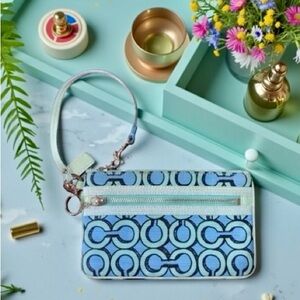 COACH Poppy 3D OP Art Large Top Zip Wristlet (Aqua Blue & Teal)